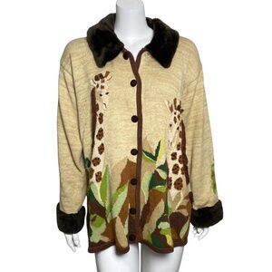 Storybook Knits Cardigan Sweater Womens Size 1X Embroidered Giraffes Jungle HSN